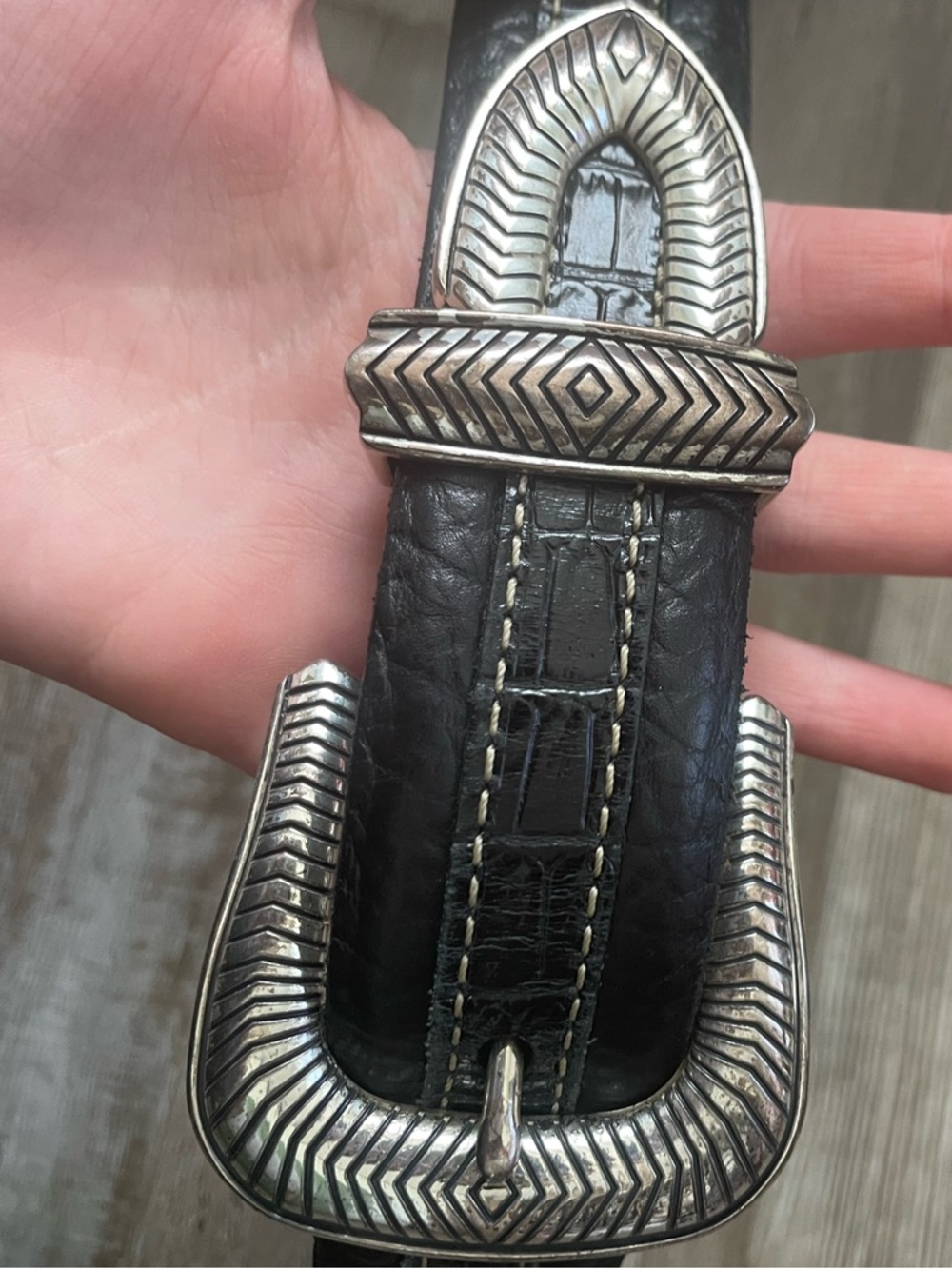 Bison Black Leather Belt with Ornate Silver-Tone Western Buckle